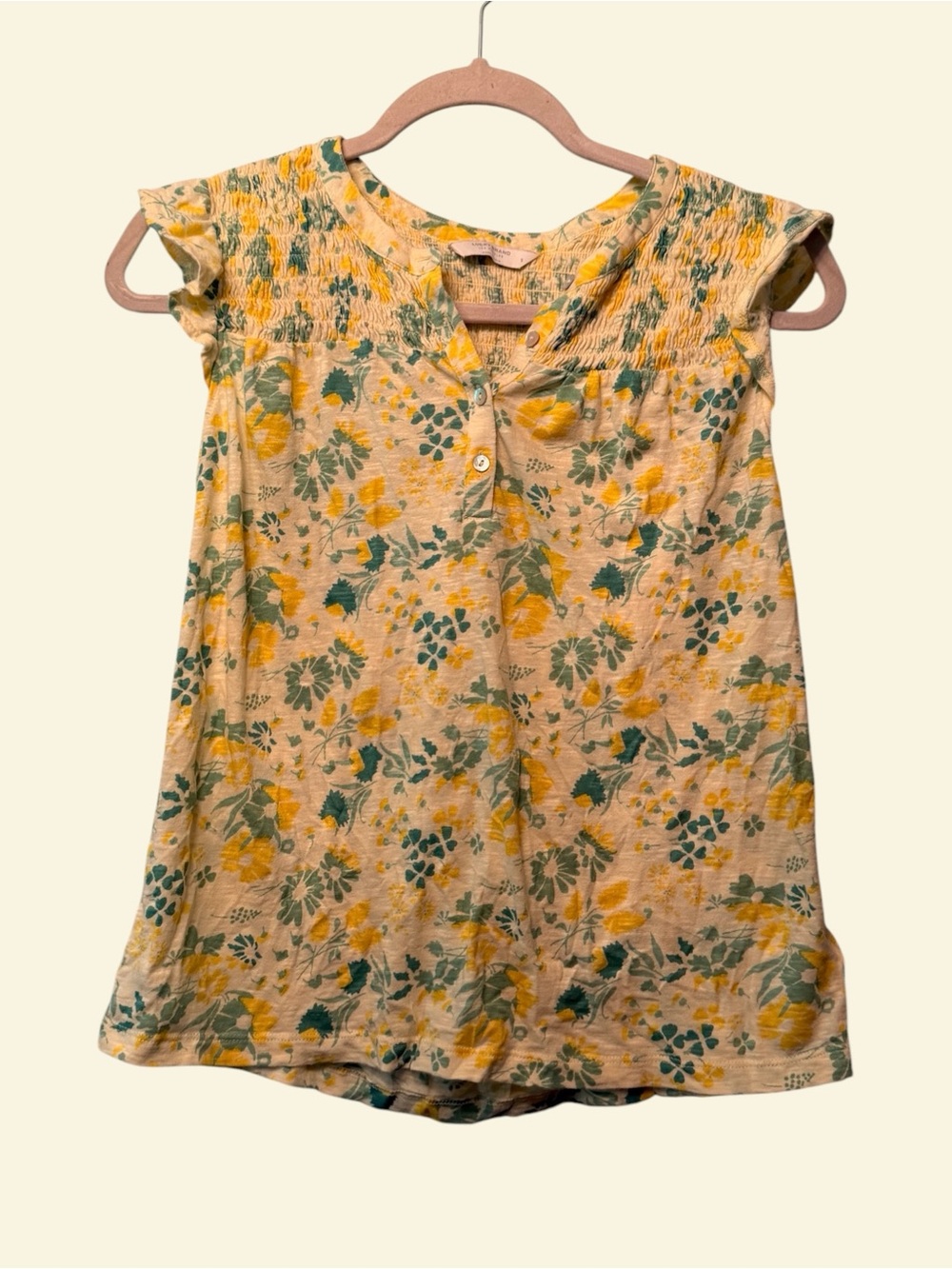Lucky Brand Floral Smocked Flutter Sleeve Top Boho Cottagecore Prairie Blouse